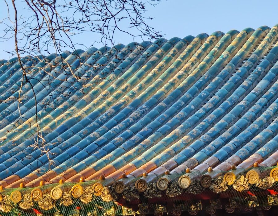 The roof of a building with a tree in front of it